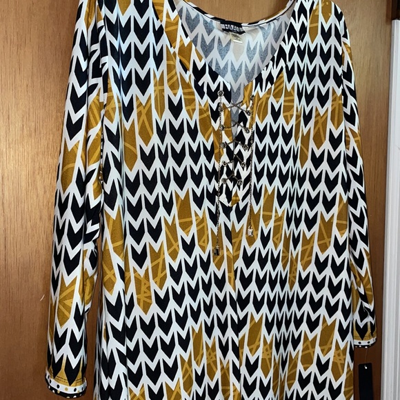 •HAANI•NWT WOMENS IVORY, BLACK & GOLD BOHO TRIBAL ARROW PRINT MIDI DRESS SIZE 2X - Picture 5 of 9